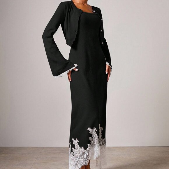 Black Elegant Women's Knit Sweater Lace detailed Dress & Cardigan Set - Picture 7 of 14